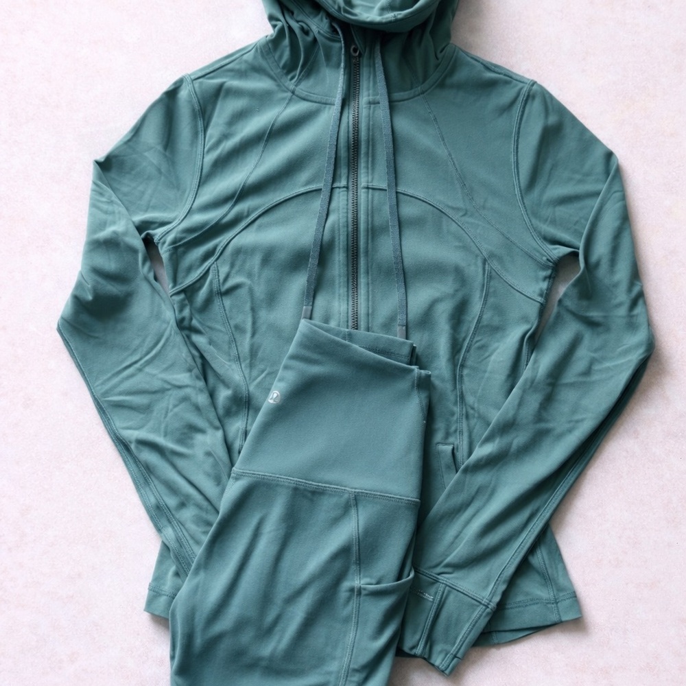 Lululemon Define Jacket Hooded & Align Pant Pockets Tidewater Teal Set 4 Small